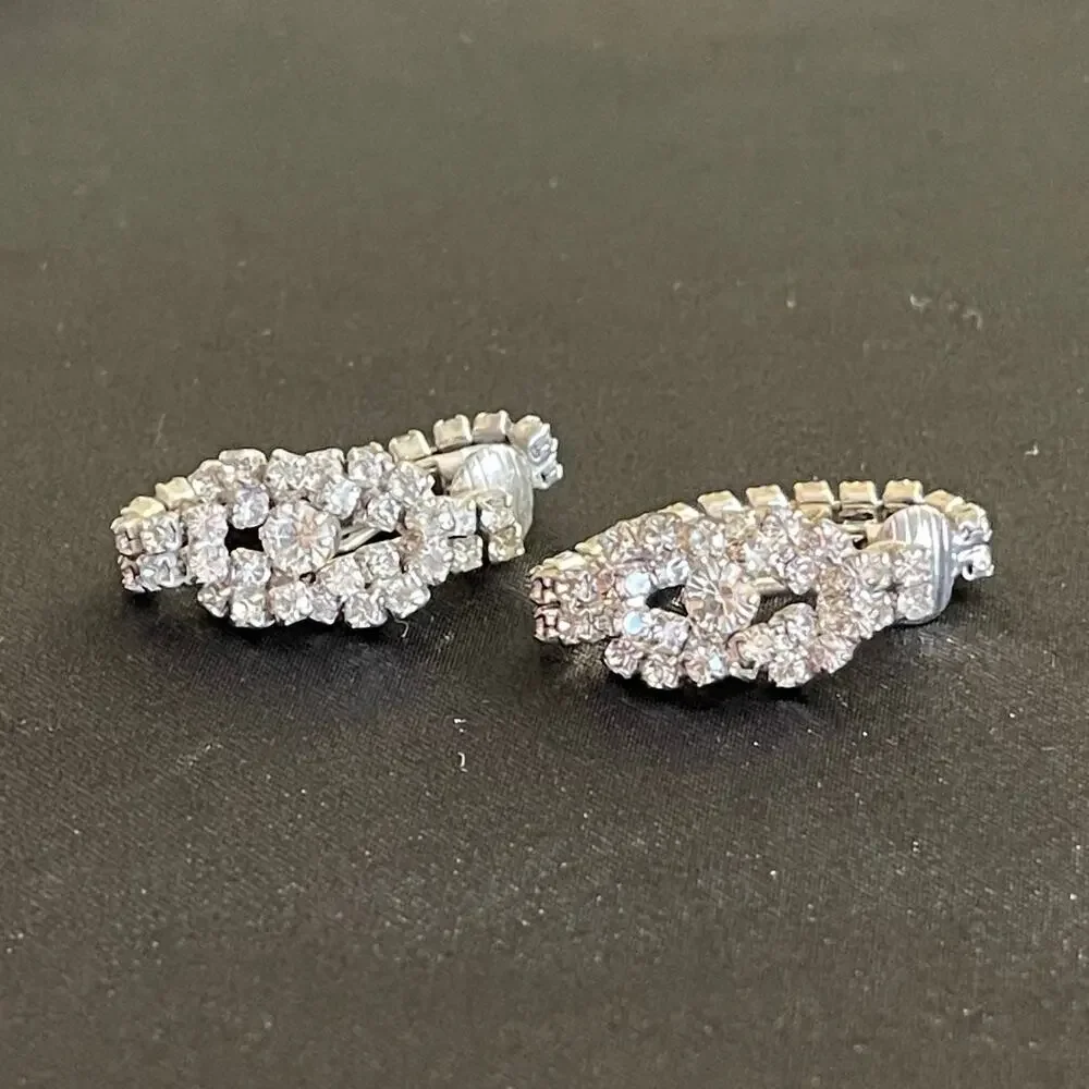 Vtg Mid-Century Clear Rhinestone Art Deco Clip Earrings Huggie Hoop Bridal Retro